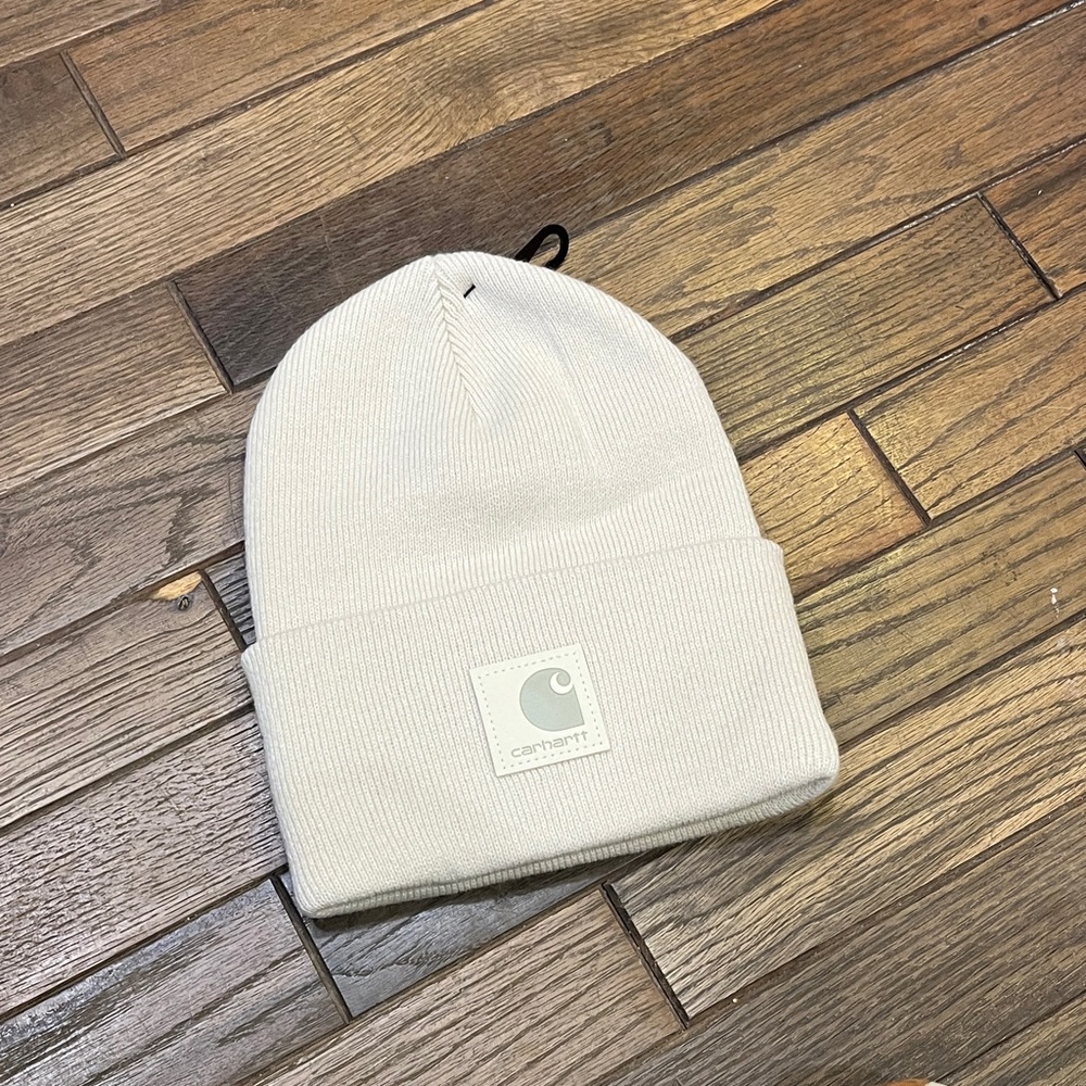 Carhartt Light Cream Knit Beanie w/ tonal leather patch